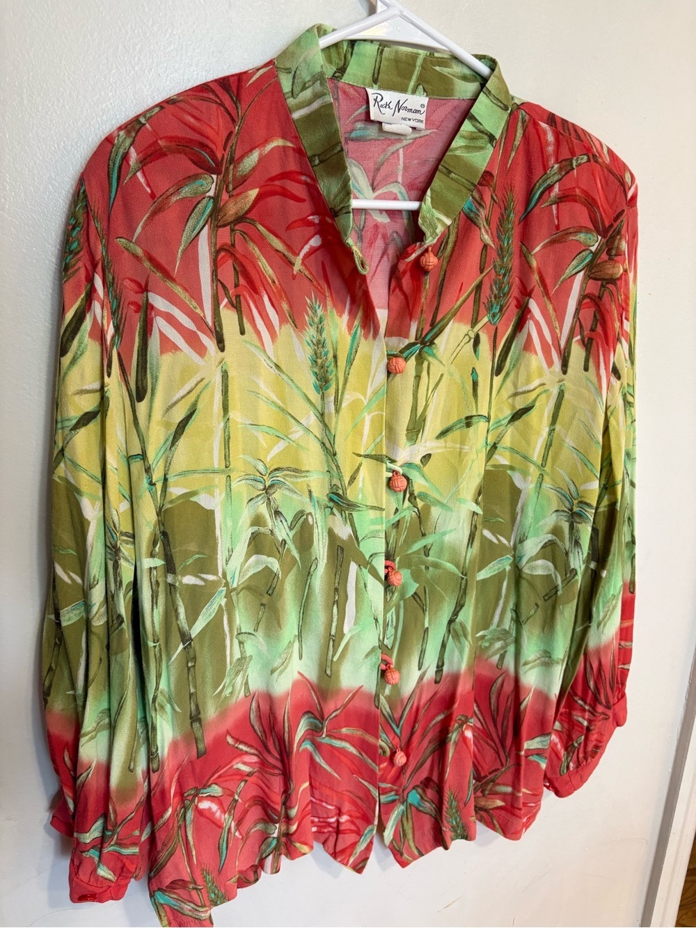 Ruth Norman New York Tropical Bamboo Button-Up Blouse - Pink & Green size large